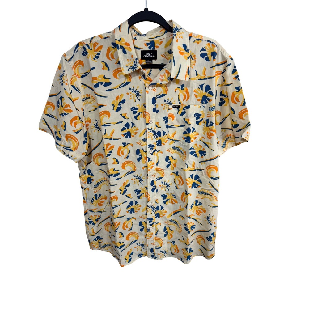O'Neill Button Down Shirt Abstract Floral Surf Large Cream Cotton Blend Beach